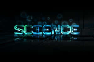 喺黑暗反光表面上發光嘅霓虹燈「science」文字，伴隨浮動燈光。