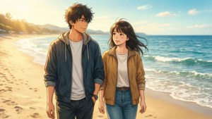 年輕動漫情侶在日落時分走在陽光明媚的海灘上。