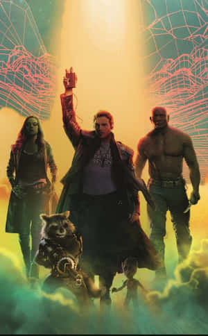 Guardians of the Galaxy 團隊在發光的宇宙場景中英雄地擺姿勢。