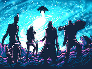 四個戰士剪影站在星空下一個發光的宇宙傳送門前。