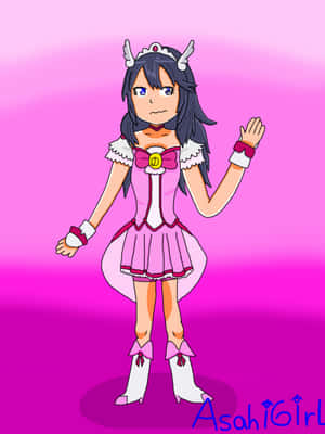 動漫女孩穿著粉紅色服裝，有角，向觀眾揮手。