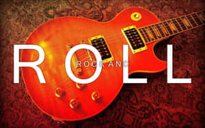 紅色電結他，背景有圖案，帶有「ROLL ROCK AND」文字。