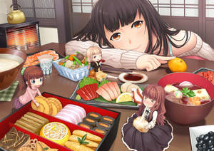 動漫女孩與公仔朋友一起享受節日日本餐。