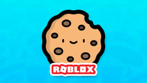 一個微笑嘅卡通曲奇，有朱古力碎同 Roblox 標誌喺藍色背景上。