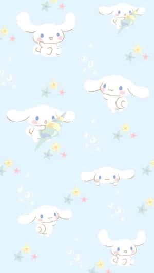 Cinnamoroll 兔子在淺藍色背景上與星星和泡泡一起漂浮。