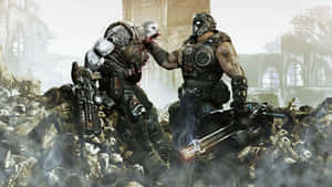 兩名身穿盔甲的士兵在充滿頭骨的廢墟城市中戰鬥。 — 戰地風雲4 壁紙