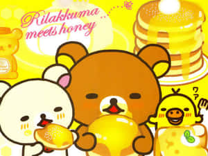Rilakkuma 和朋友們在蜂巢背景下吃蜂蜜煎餅。