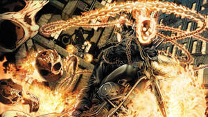 Ghost Rider 在火焰電單車上，城市中有骷髏頭和鎖鏈
