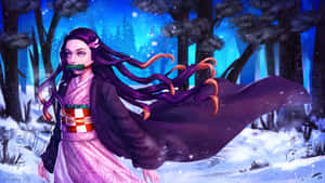 紫髮動漫女孩與發光觸手，夜晚雪森林中。 — 鬼滅之刃 禰豆子 壁紙