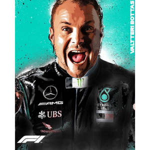F1車手瓦爾特利·博塔斯身穿賽車服張開嘴慶祝。