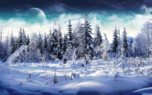夜晚發光的月亮下雪松林。