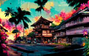 日落時分有棕櫚樹和色彩繽紛花朵的熱帶街道。 — 日本 壁紙