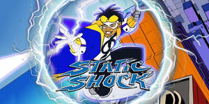 動漫超級英雄 Static Shock 在城市景觀中產生閃電。 — 卡通 壁紙
