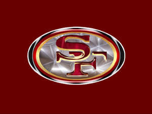 San Francisco 49ers 標誌，金屬質感，紅色背景