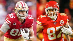 兩名NFL外接手身穿紅色和金色球衣，手持橄欖球。