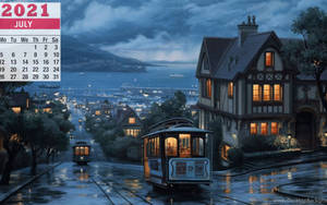 纜車在雨夜的沿海小鎮黃昏中滑行，窗戶發光。