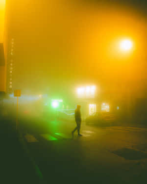 夜晚一個人在霧氣瀰漫的霓虹城市街道上行走。