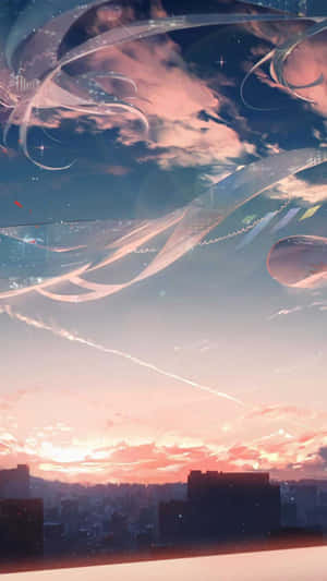 動畫風格的城市天際線在日落時分，天空中有發光的絲帶和星星。
