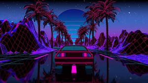 霓虹粉紅色的汽車在星空下閃爍的沙漠峽谷中行駛。 — 放鬆 壁紙