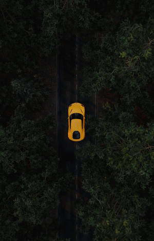 從上方俯瞰黃色跑車穿過黑暗森林