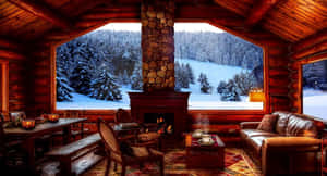 溫暖的小屋，設有壁爐，透過大窗戶可欣賞雪景森林。 — 冬天 壁紙