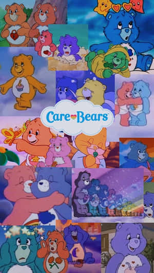 一張Care Bears角色在色彩繽紛的動畫場景中展現愛與友誼的拼貼畫。