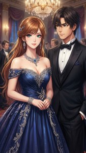 一對動漫情侶穿著正式晚裝，參加豪華舞廳活動。