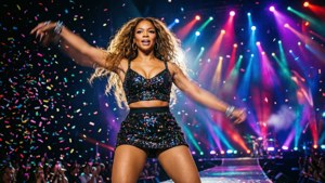 Beyoncé 在舞台上跳舞，紙屑飄落，彩色燈光閃爍。 — Beyoncé 壁紙