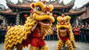 兩位身穿黃色舞獅服裝嘅表演者喺傳統中式寺廟前表演，周圍有歡呼嘅人群。 — 中文 壁紙