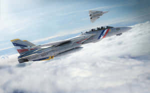 兩架海軍戰鬥機在晴朗藍天的雲層上飛行。