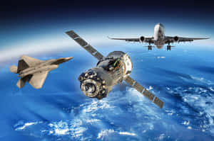 三架飛機和一顆衛星在地球的藍色海洋和雲層上方飛行。 — 天空景觀 壁紙