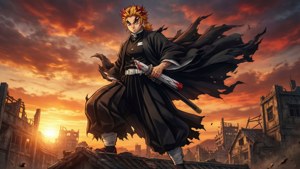 火紅頭髮的動漫戰士站在廢墟上，夕陽下手持劍。