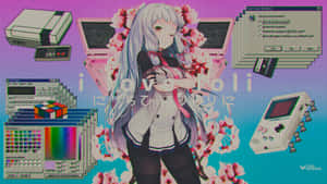 被復古遊戲設備和Windows 95界面元素包圍的動漫女孩。