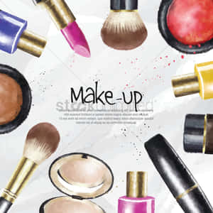 水彩化妝品，包括刷子、唇膏和粉餅，圍繞著「Make-up」一詞排列。