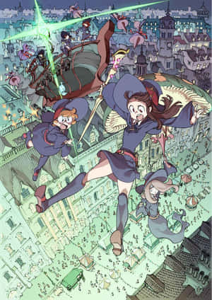 動畫女巫飛越城市，手持發光的魔法武器。 — 動漫女孩 壁紙