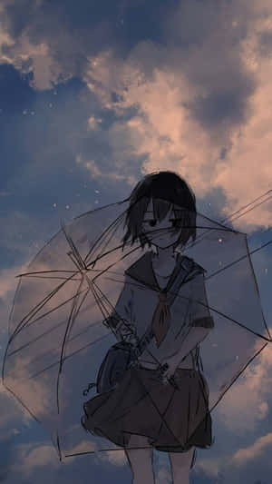 動漫女孩穿著校服，在暮色天空下撐著透明雨傘，周圍有漂浮粒子。