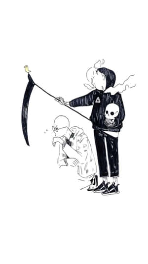 一個死神，鐮刀上有一隻鳥，籠罩著一個蜷縮的人。 — 抽象藝術 壁紙