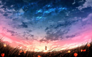 一個女孩的剪影，站在星光暮色天空下的發光草地上。 — 粉紅動漫美學 壁紙