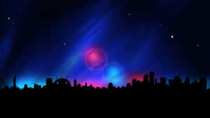 夜晚的城市天際線，帶有宇宙光芒和星星。