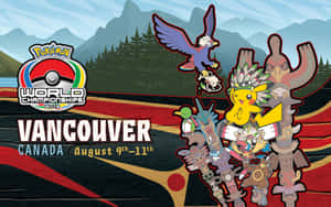 Pokémon World Championships 2013 海報，比卡超及其他 Pokémon 站在山脈及圖騰柱前。