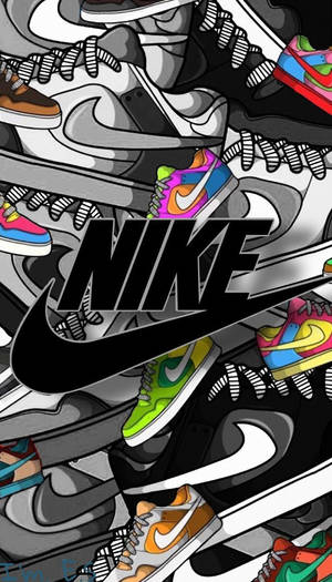 圖形壁紙，具有密集的彩色和灰階Nike運動鞋圖案，並帶有突出標誌。 — 塗鴉 壁紙