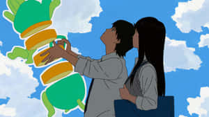 兩個動漫角色抬頭看著藍天上漂浮的綠色和橙色生物。