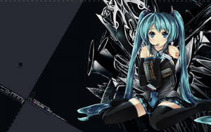 動漫女孩初音未來，藍綠色頭髮和機械翅膀，在黑暗環境中。