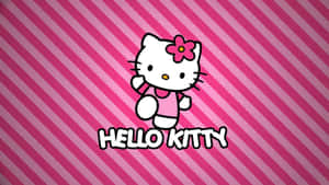 Hello Kitty 在粉紅色斜紋背景上戴著粉紅色花朵蝴蝶結揮手。