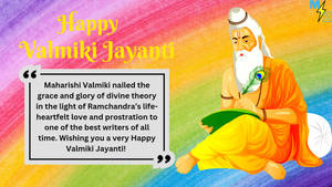 插圖中的聖人瓦爾米基在彩虹背景和Happy Valmiki Jayanti文字下，在一片葉子上書寫。