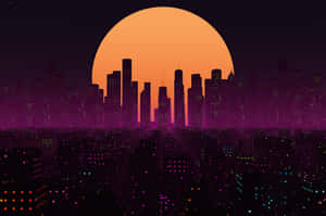 夜晚的城市天際線，發光的建築物和一個巨大的橙色太陽在它們後面落下。