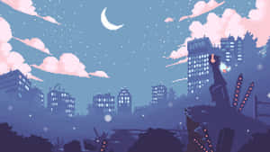 像素藝術城市天際線夜景，帶有新月和粉紅雲彩。