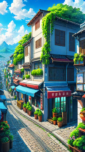 一條色彩繽紛的動漫街道，藍色建築物、綠色藤蔓和盆栽植物在陽光下。 — 建築 壁紙