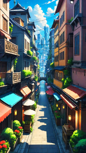 狹窄小巷，有傳統建築和色彩繽紛的遮陽篷，通往未來主義的城市天際線。 — 建築 壁紙