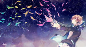 戴著耳機的動畫男孩在星空夜空中釋放發光魚和花瓣。